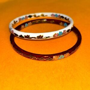 Vintage Cloisonné Enamel Bangle Set Brown & White Floral Bracelet, Stackable